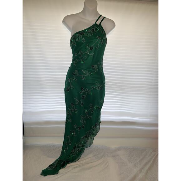 SCALA Vintage Green Silk Embellished Beaded Gown Dress Y2k Fairy Mermaid M Gown - Picture 1 of 4